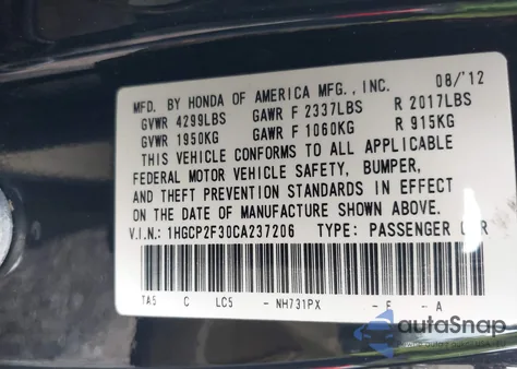 2012 Honda Accord 2.4 Lx from USA, damaged, VIN 1HGCP2F30CA237206